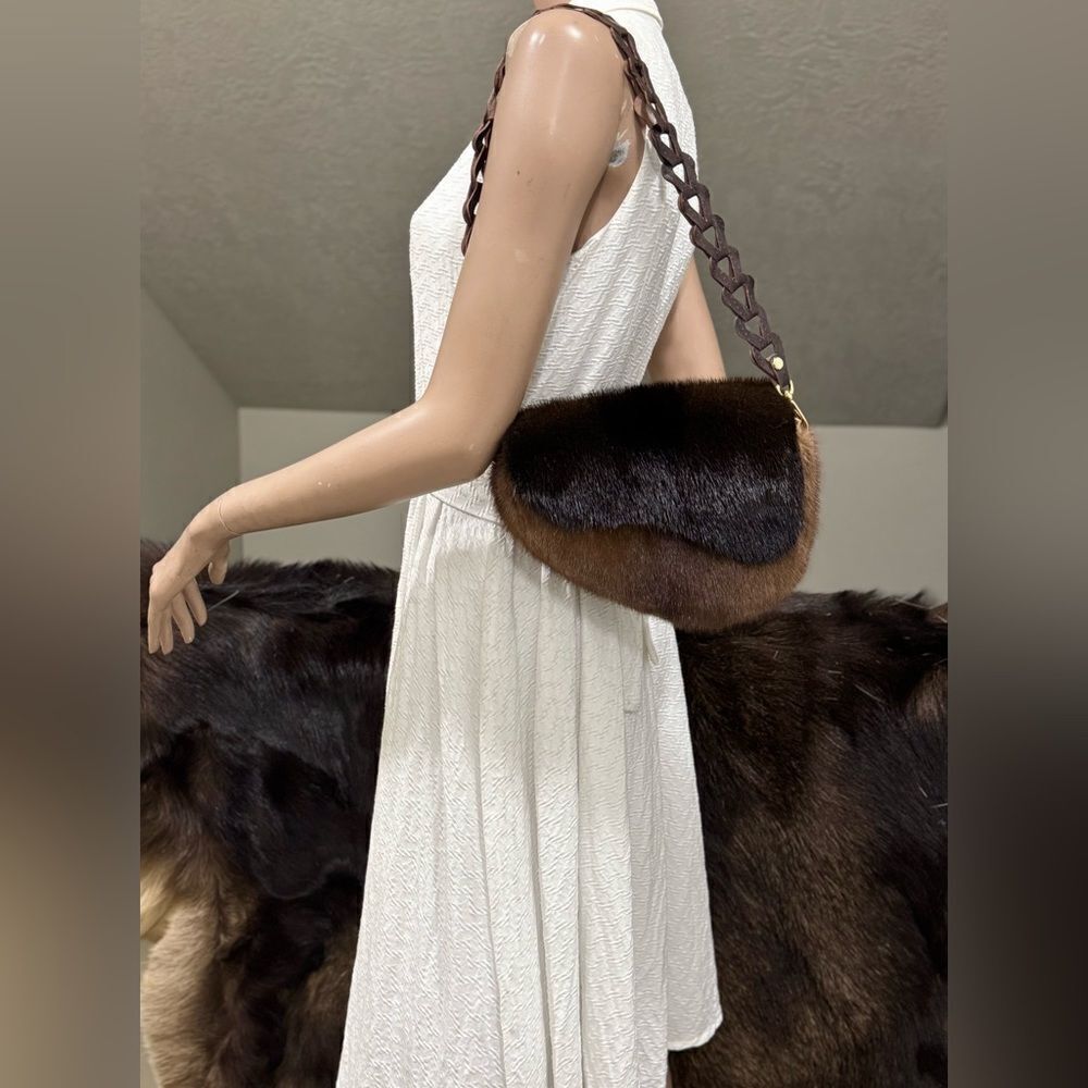 One-of-a-Kind Genuine Mink Fur Handmade Asymmetric Saddle Bag, Brown Colorblock